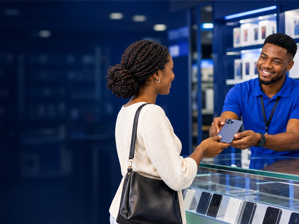 A shop assistant handing a smartphone to a smiling customer at a store counter