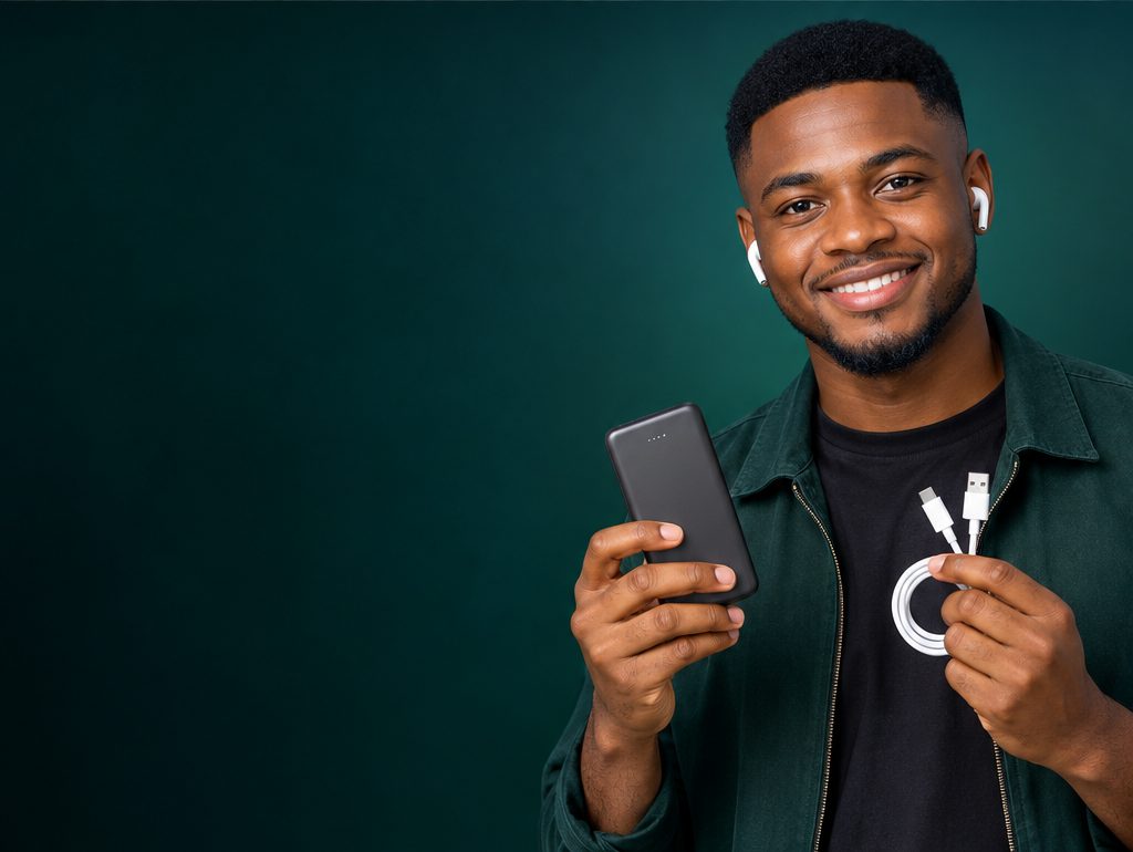 A man wearing wireless earbuds and holding a power bank and charging cable against a green background