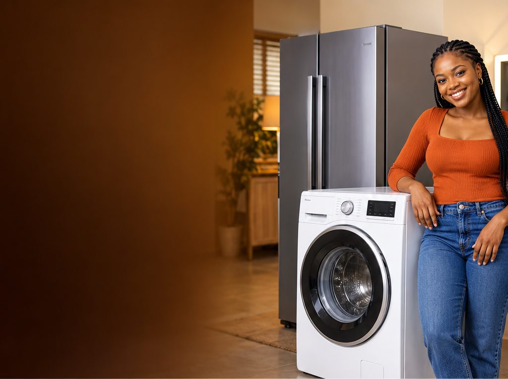 A smiling woman leaning on a new front-loading washing machine beside a large fridge